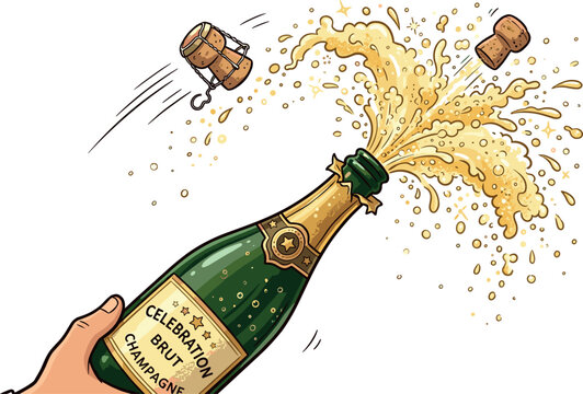 Popping champagne bottle vector illustration with exploding cork flying wire cage and golden sparkling wine splash isolated on crisp white background
