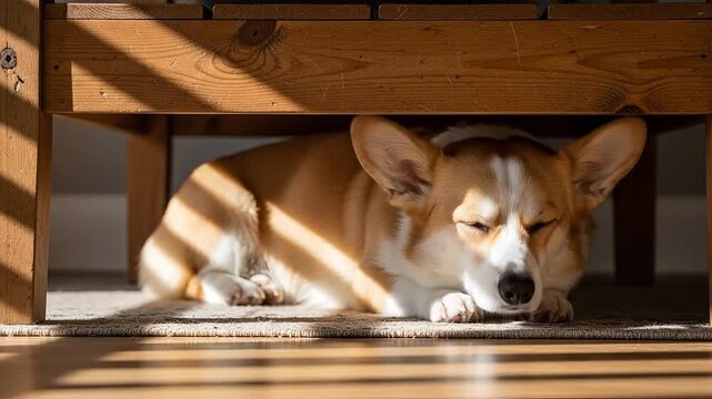 A cute corgi dog hides under a wooden table bathed in sunlight.
