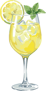 Refreshing summer lemon cocktail glass vector illustration with ice cubes mint leaf garnish limoncello spritz beverage isolated on white background.