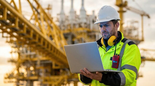 Engineer working on laptop at offshore oil rig platform.