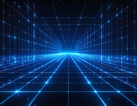 Abstract Blue Digital Grid Tunnel with Glowing Lights.