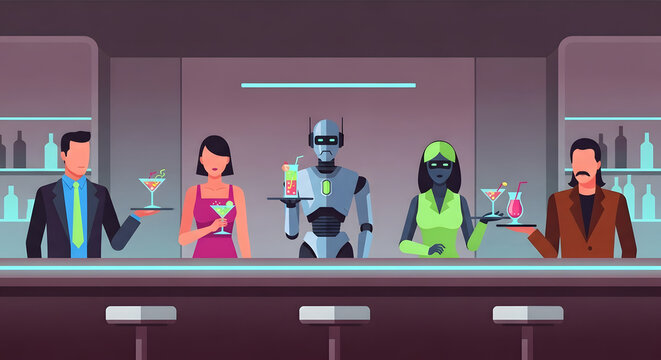 Artificial intelligence robots and humans serving drinks at a bar