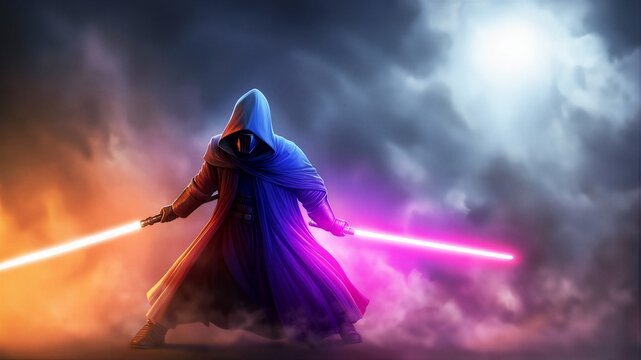 Hooded Dark Warrior With Dual Lightsabers