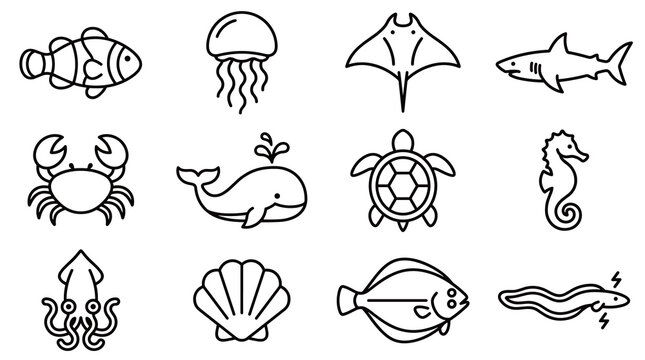 Marine life and sea animals thin line art icon set. Simple outline underwater creature symbols including whale, shark, and jellyfish.