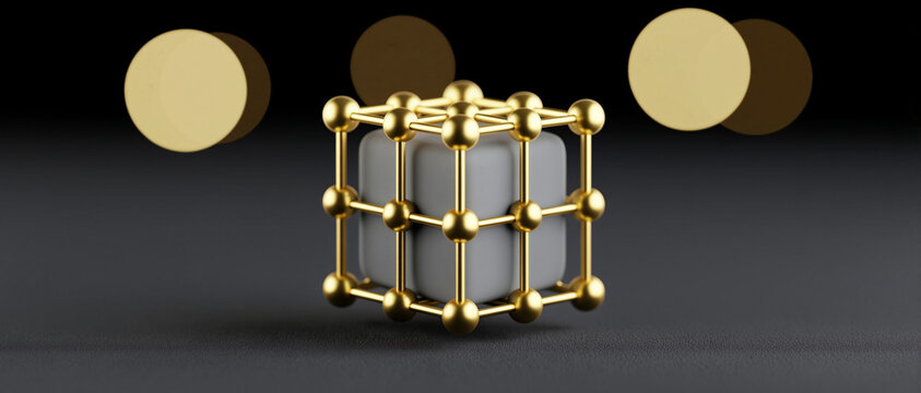 A metallic gold and silver cube structure with interconnected spheres and rods, displayed on a dark surface with blurred circular lights in the background.