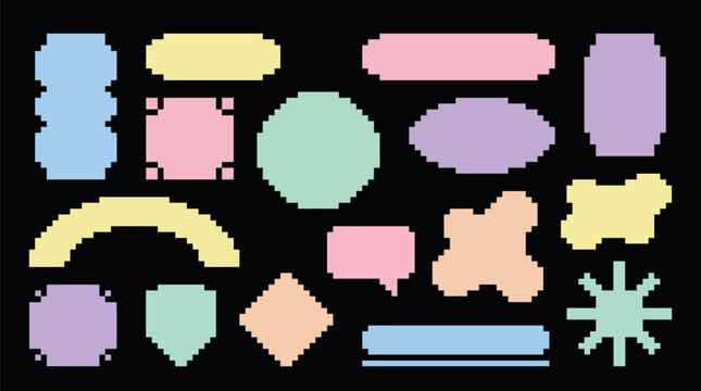 Pixel art geometric shapes in pastel colors, retro 8-bit aesthetic design elements for gaming and web interfaces. Collection of 16 pixelated icons including speech bubbles and frames.
