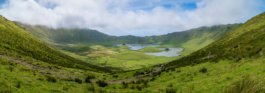 View on the Caldeirao of Corvo Island, northernmost island of the Azores archipelago and the northernmost in Macaronesia, Portugal