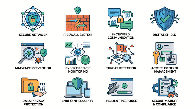 Cybersecurity icons set, digital shield, secure network, firewall system, malware prevention, cyber defense.