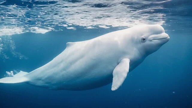 A majestic white beluga whale swims gracefully underwater in the deep blue.