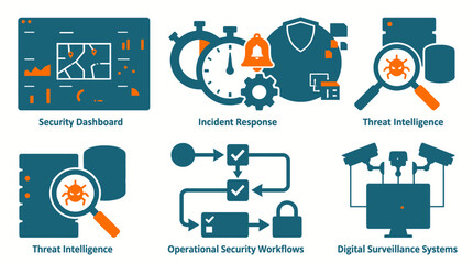 Digital security concepts with icons for dashboard, incident response, and threat intelligence. © BANJARETNO