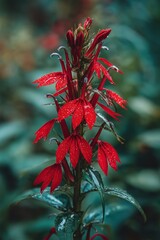 Obraz premium Macro photograph of a scarlet spike of cardinal flower amid soft bokeh and dew