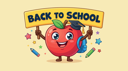 Fototapeta premium Back to school cartoon apple character holding a yellow banner, cute red apple mascot with graduation cap and backpack, educational vector illustration for classroom posters and flyers.