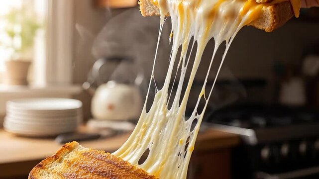 Gooey melted cheese stretching from a perfectly toasted grilled cheese sandwich.