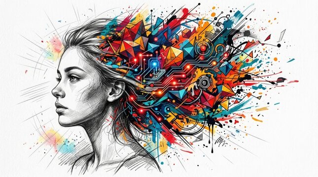 Mental health day concept woman's profile with exploding colorful geometric brain illustration