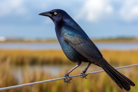 Male great-tailed grackle perched on a wire along Bolivar Peninsula, Texas