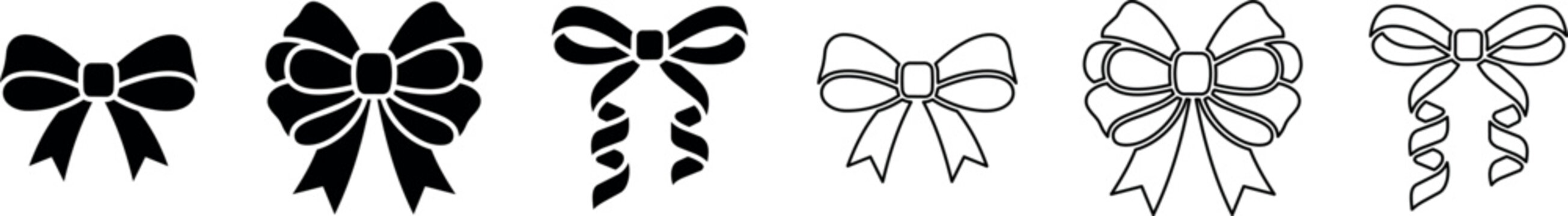 Decorative bows with tied ribbons in solid and outline styles
