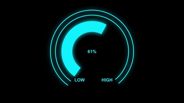 Digital gauge meter animation moves from low overload to safe high levels. dashboard and car fuel gauge quickly drops from empty to full.