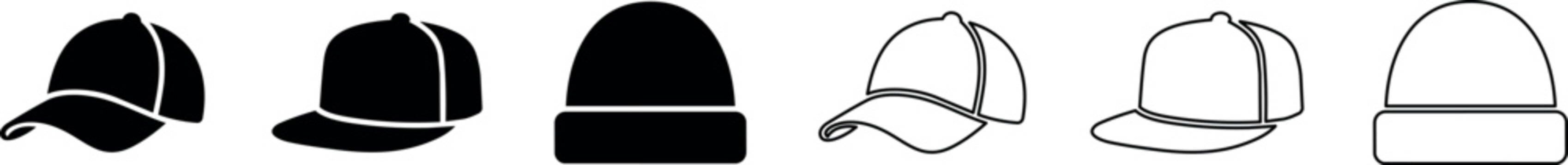 Black and outline baseball caps and beanie hats icons in a simple flat style