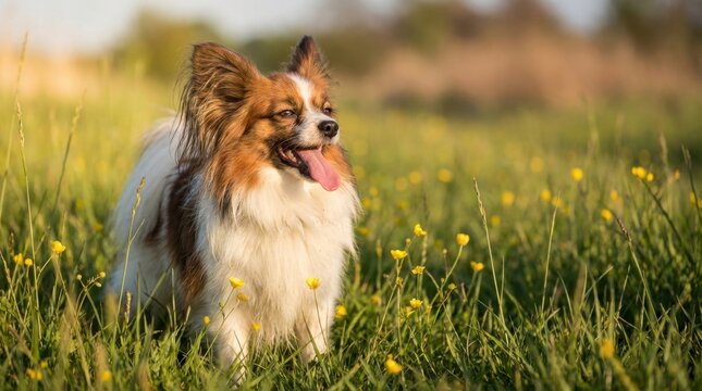 Charming Papillon Dog in a Lush Green Meadow, Sunny Day, Happy Expression.