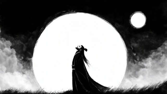 Ancient Style Man Looking At Moon