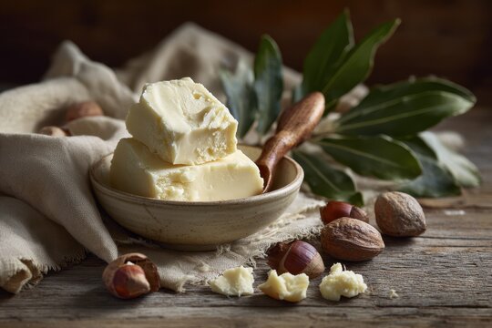 Natural shea butter in a rustic wooden bowl with nuts and greenery, warm sunlight