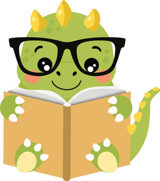 Cute Little Green Dino Reading A Book With Glasses