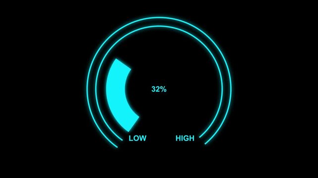 Digital gauge meter animation moves from high overload to safe low levels, presentation template from 100 to 0 percent Car Fuel Dashboard moving up and down, hud radar icon concept.