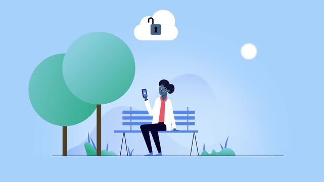 Young Man Character Sitting on Bench in Park and Using Mobile Phone App with Cloud Security Icon 2D Animation