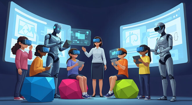 Teacher and students interacting with robots using vr headsets