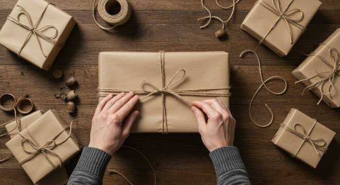 Man wrapping large gift box with rope flat lay workspace with parcels and wrapping supplies nearby