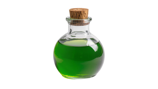 Round glass flask with green liquid and cork stopper