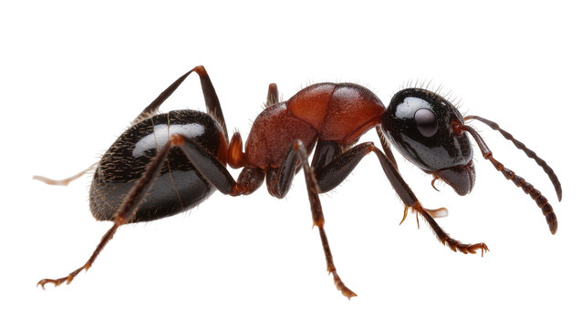Red and black ant with segmented body and antennae