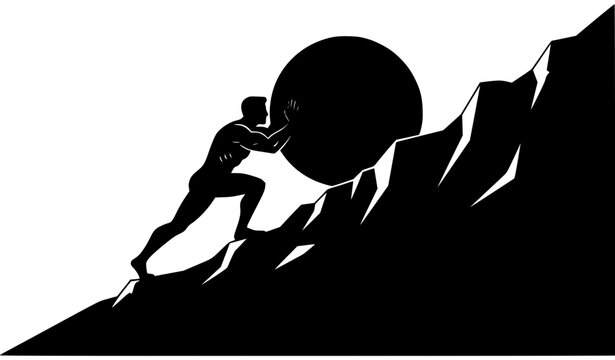 Man pushing large sphere uphill silhouette vector illustration