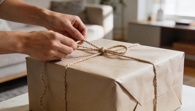 Man wrapping large gift box with rope on clean white box and minimal background for copy space