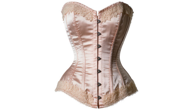Peach satin corset with lace trim and button closure