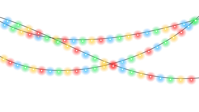 Colorful festive christmas string lights isolated on transparent background