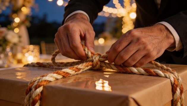 Man wrapping large gift box with rope close up of hands tying bow with warm holiday lights