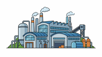 Fototapeta premium A cartoon-style illustration of a large industrial factory with smokestacks and pipes