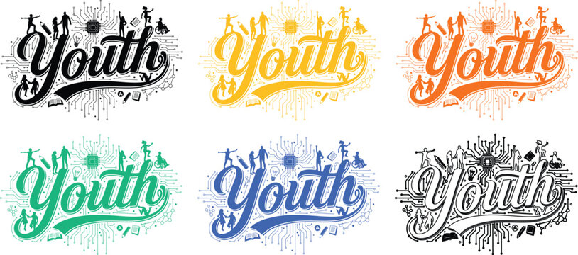 Creative Youth Typography Bundle with Circuit Board and Inclusive People Icons