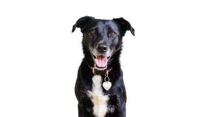 Naklejka premium Black dog with white chest and heart tag