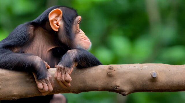 Curious young chimpanzee resting on tree branch in natural forest habitat displaying expressive behavior and wildlife charm