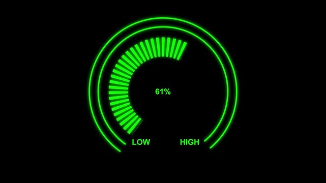 Digital gauge meter animation moves from low overload to safe high levels. dashboard and car fuel gauge quickly drops from empty to full.