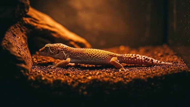 A leopard gecko crawls on gravel with a warm, textured background.