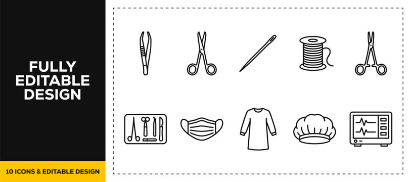 flat vector illustration line art icon bundle set design about surgical kit tools operation room scalpel scissors tweezers suture medicine surgery hospital doctor health