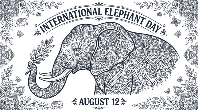 International Elephant Day illustration with intricate elephant design and floral patterns celebrating conservation awareness on August 12 with a beautiful mandala style elephant