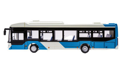 Blue and white city bus model with black trim and blue seats © Gabriela