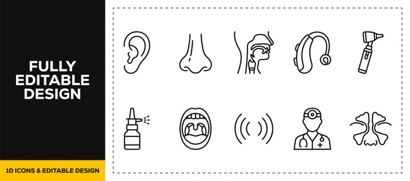 flat vector illustration line art icon bundle set design for ent doctor otolaryngology clinic ear nose throat health care medical exam anatomy hearing vocal cords smell ui