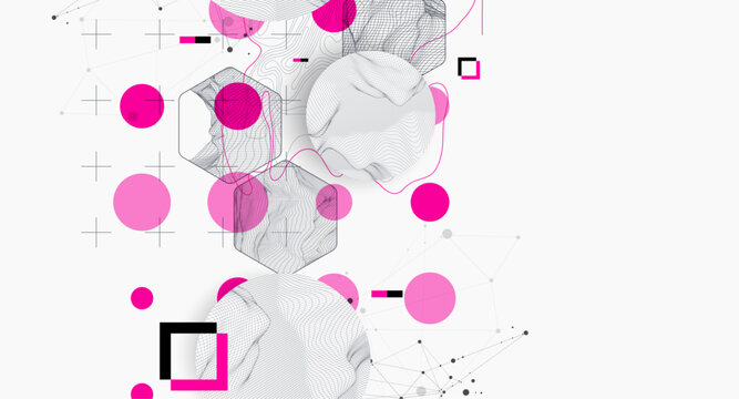 Science research visualization vector with structure models and purple elements. Wireframe art.