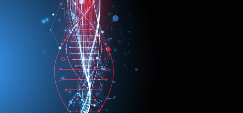 Abstract digital technology background with DNA helix structure and glowing neon light waves. Vector illustration.