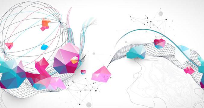 Abstract art background with scientific geometric concepts colorful low poly crystals and delicate wave lines. Vector